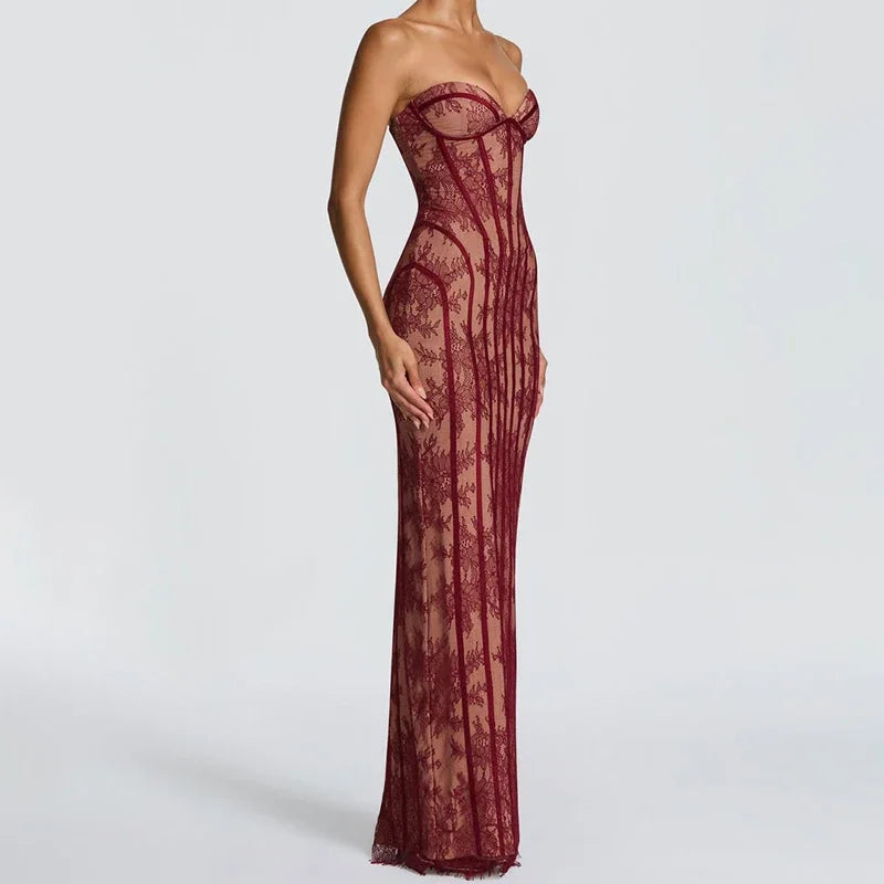 Robe longue chic en gaze sans bretelles, dos nu, épaules dénudées, imprimée, patchwork, slim, pour femme, soirée, 2026