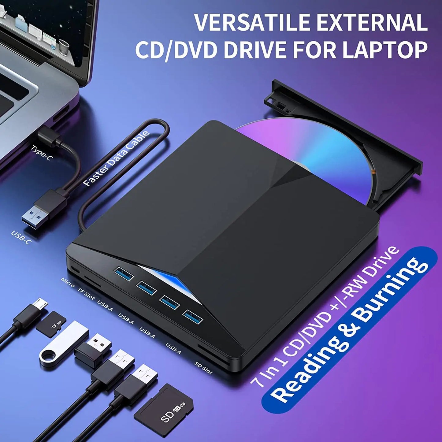 7-en-1 USB 3.0 type-c externe DVD RW lecteur de CD graveur lecteur lecteur optique externe pour PC portable bureau IMacs