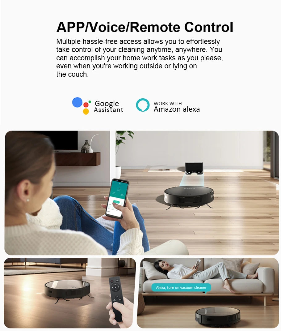 Robot aspirateur combiné serpillière, aspiration robotisée 6000PA, contrôle WiFi/voix, recharge automatique, poils d'animaux pour le nettoyage domestique robotisé
