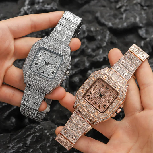 Classique luxe affaires hommes bracelet en acier carré échelle romaine strass montre à Quartz Lesiure homme montre-bracelet Relogio Masculino