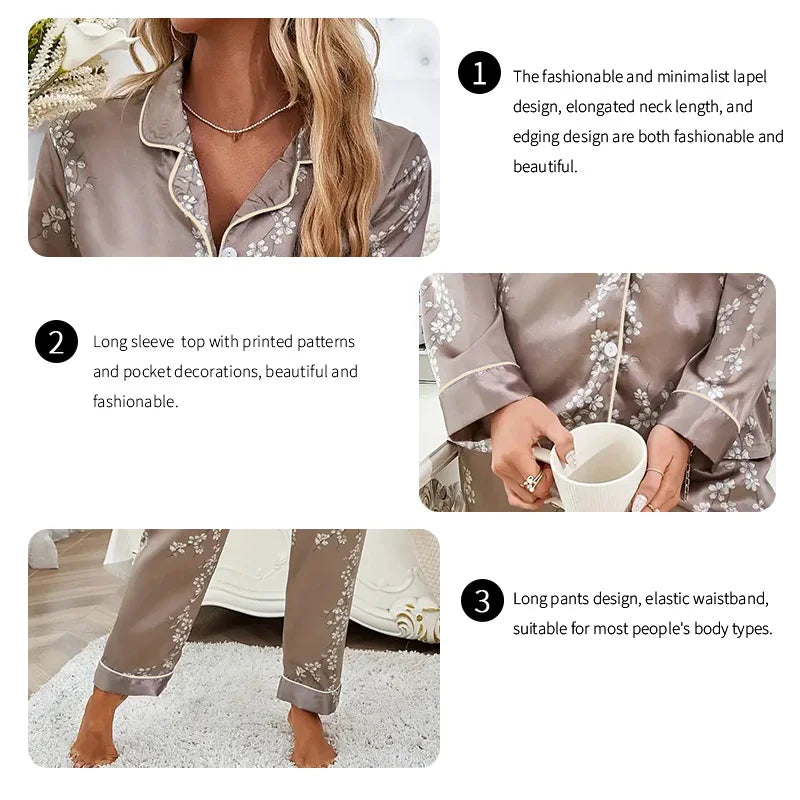 Femmes Satin Pyjama décontracté vêtements de nuit maison vêtements costume automne à manches longues boutonné haut et pantalon vêtements de nuit vêtements de détente Pyjama Femme