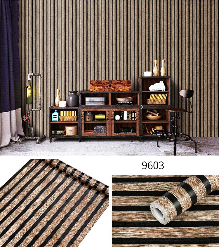 Papier peint auto-adhésif rayé en bois PVC, 45CM, autocollant étanche pour rénovation de meubles, bureau, armoire