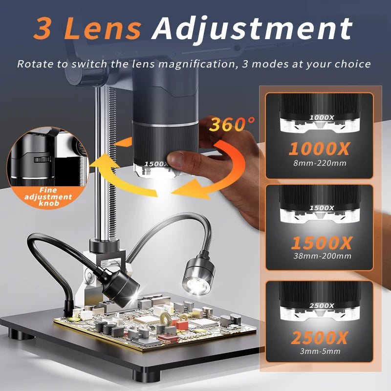Microscope numérique HDMI 2500X, 3 objectifs 2K, caméra vidéo, écran IPS 10.1 pouces, bricolage, réparation de téléphones électroniques, outils de soudage