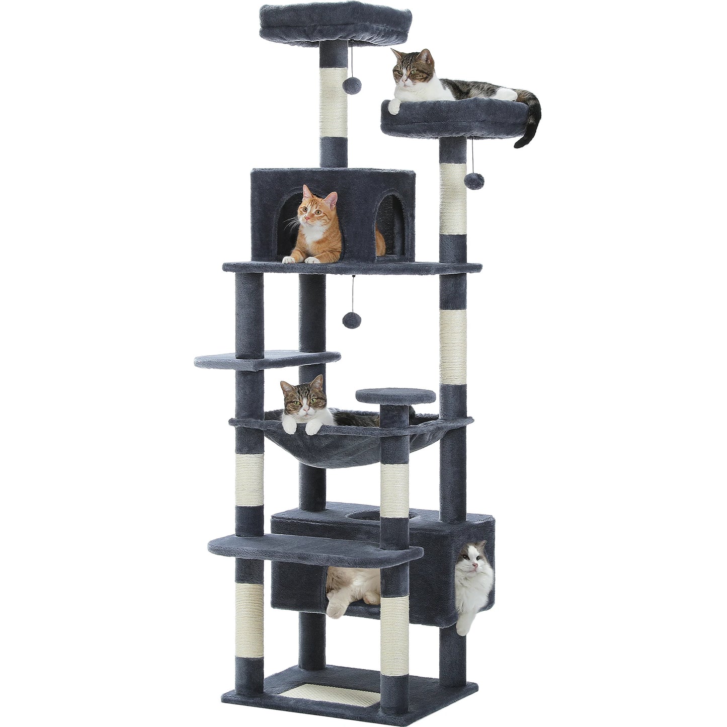 Arbre à chat gris avec plateformes, cabanes et griffoirs, idéal pour chats