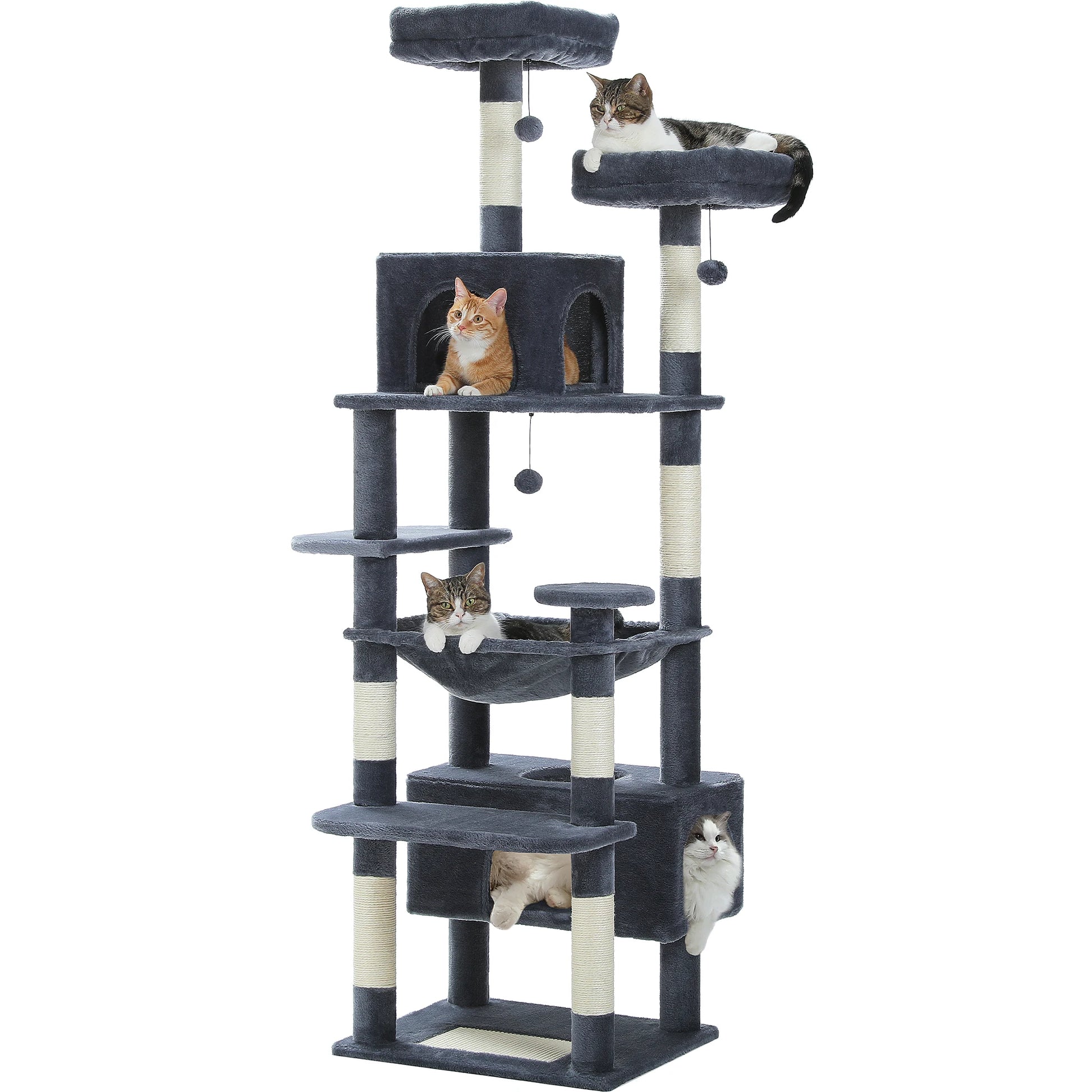 Arbre à chat gris avec plateformes, cabanes et griffoirs, idéal pour chats