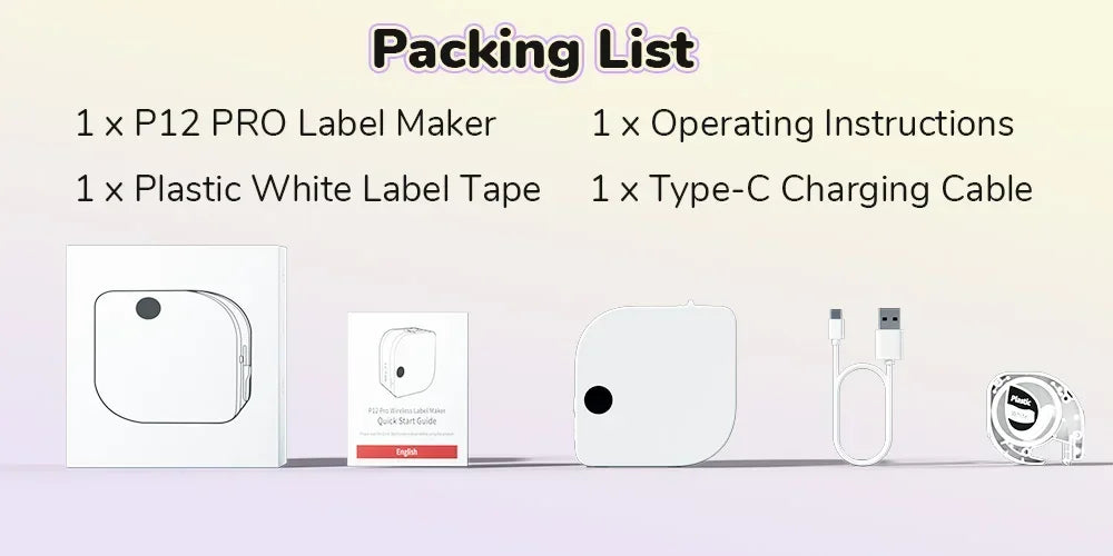 P12 PRO Label Maker avec ruban blanc, câble USB-C et guide d'utilisation