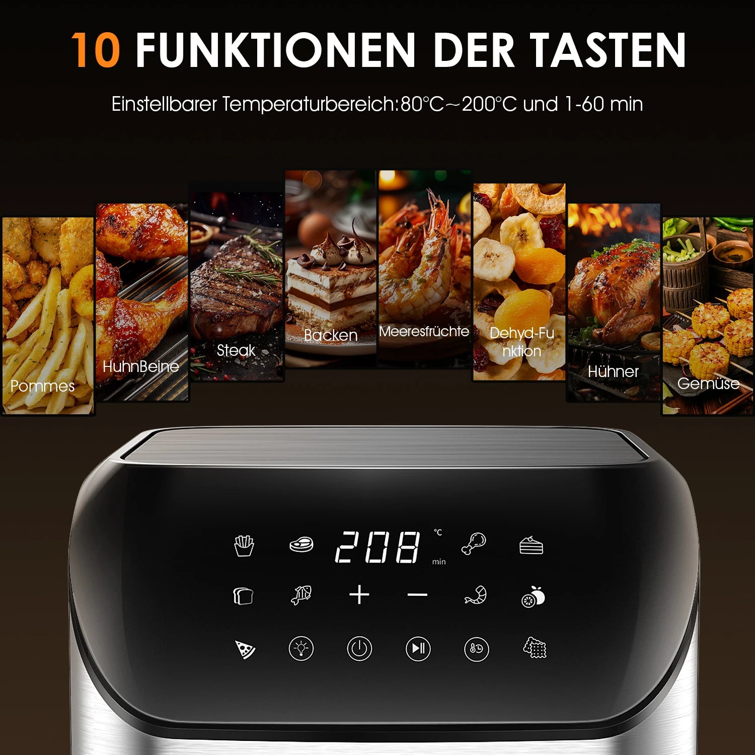 Friteuse sans huile intelligente avec écran tactile, 10 fonctions pour pommes, steak, fruits, légumes et desserts
