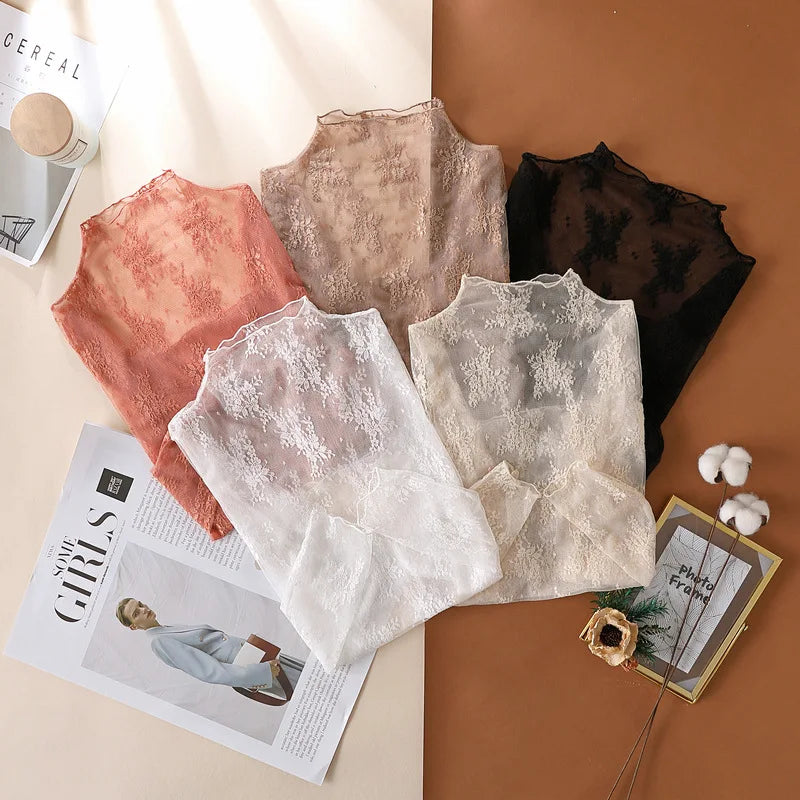 T-Shirts en maille pour femmes, chemisier en dentelle transparente, manches longues, hauts transparents pour femmes, chemise à bascule, T-Shirts transparents, haut court