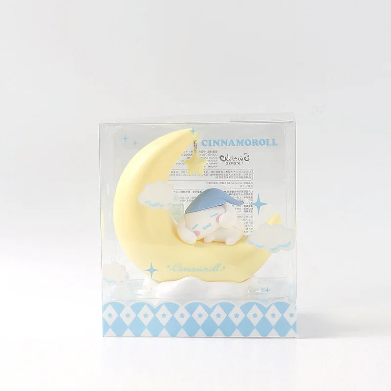 Cinnamoroll dormant sur une lune jaune, décoration mignonne pour chambre d'enfant, figurine collector