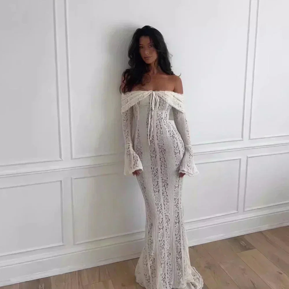 Suninheart Robe Longue Blanche Épaules Dénudées pour Événements - Robe de Soirée Rouge Manches Longues en Dentelle Élégante 2025 - Robe de Mariage Luxueuse, Robe de Bal pour Femmes
