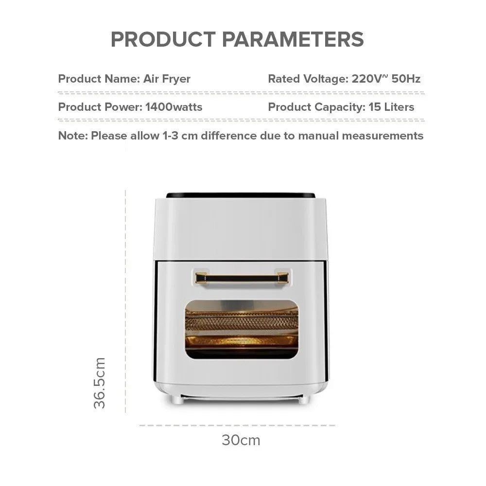 Friteuse à air chaud 15L 1400W, design moderne, dimensions 36,5x30cm, pour cuisine saine et rapide