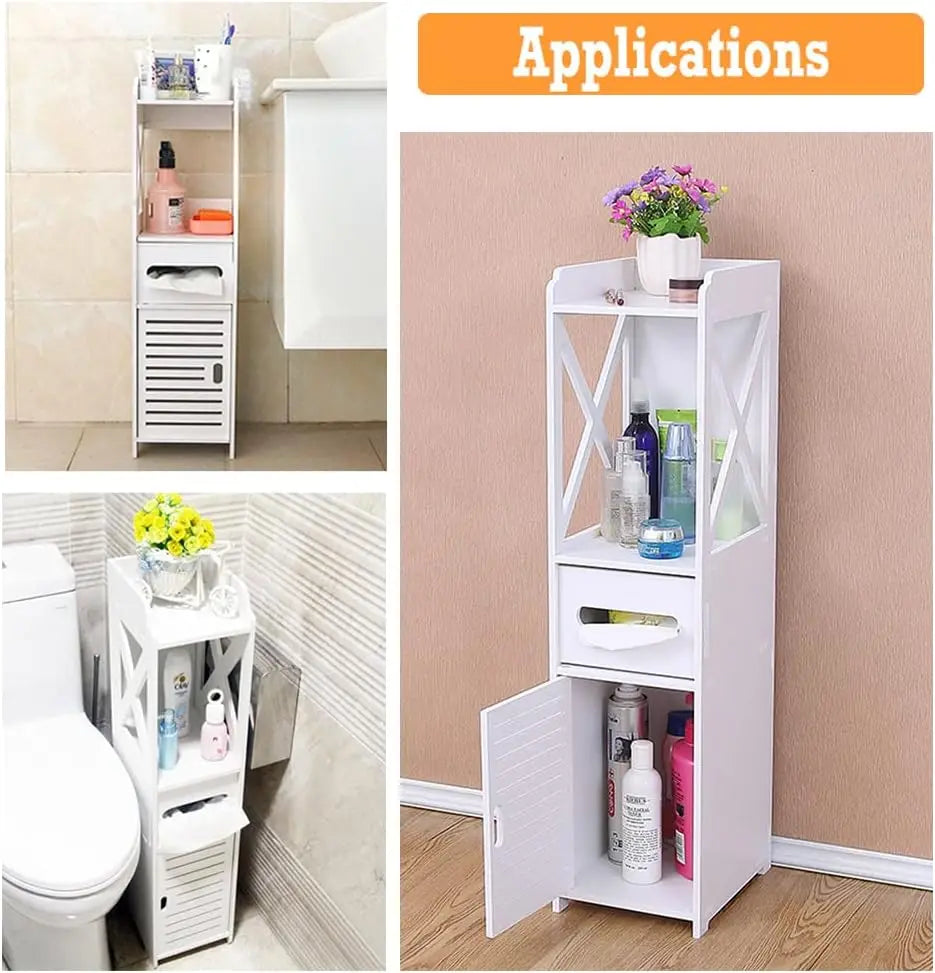 Meuble de salle de bain blanc avec rangement, étagères et tiroir pour produits cosmétiques et accessoires