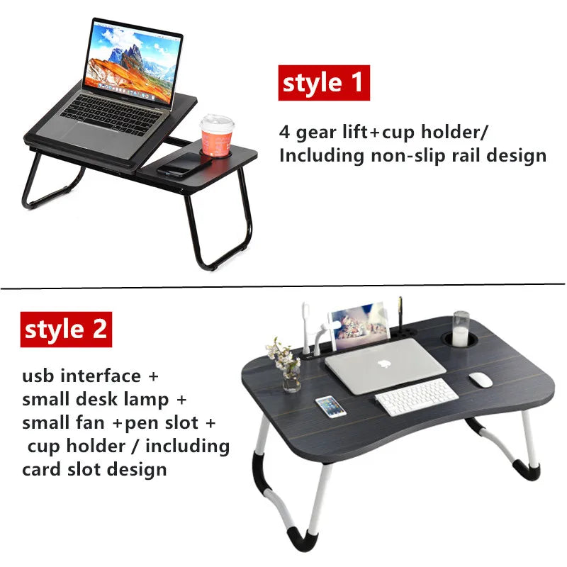 Bureau portable pliable pour laptop avec support ajustable, porte-gobelet et ports USB, idéal pour travail ou loisirs