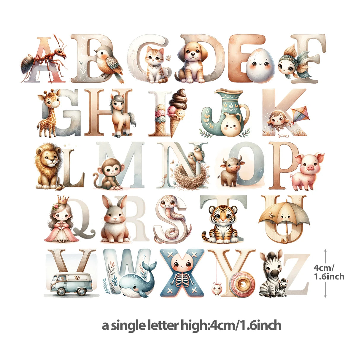 Stickers alphabet animaux mignons pour enfants, lettres 4 cm, décoration murale éducative