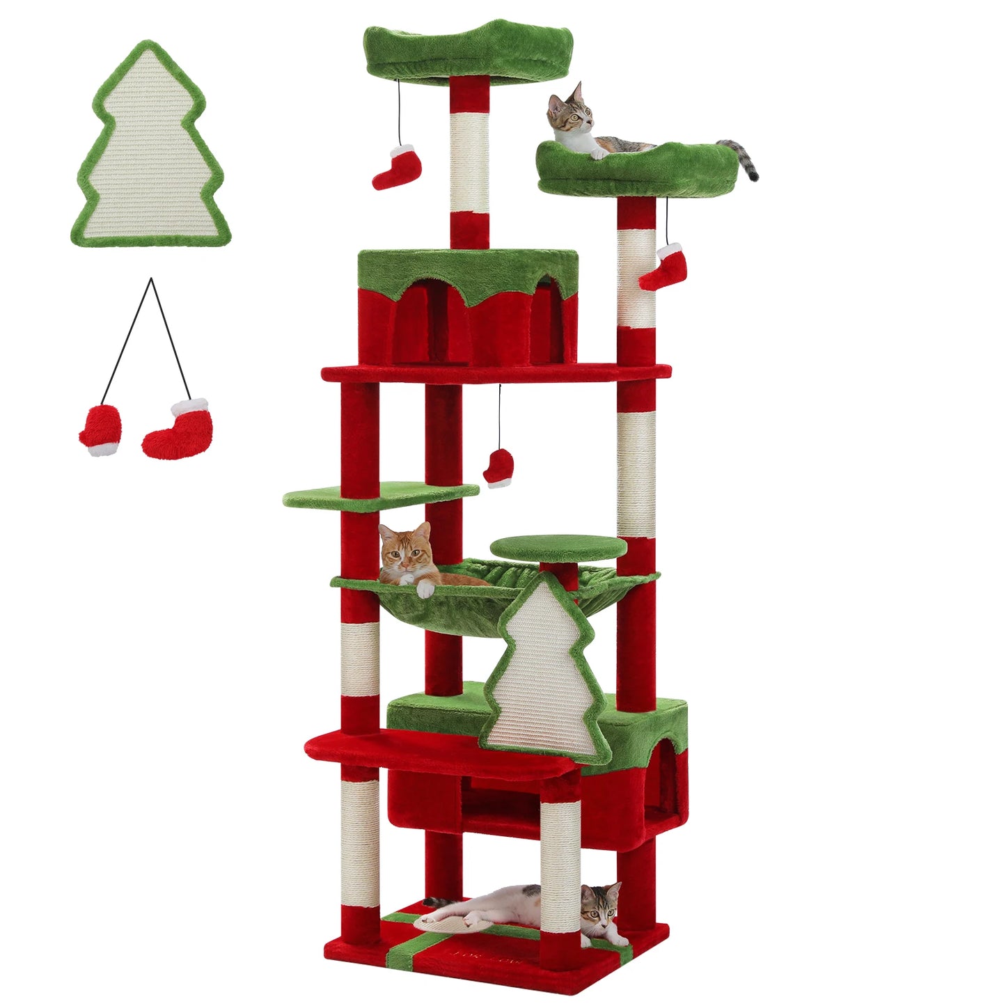 Arbre à chat de Noël rouge et vert avec plateformes, griffoirs et jouets pour chats, idéal pour les fêtes