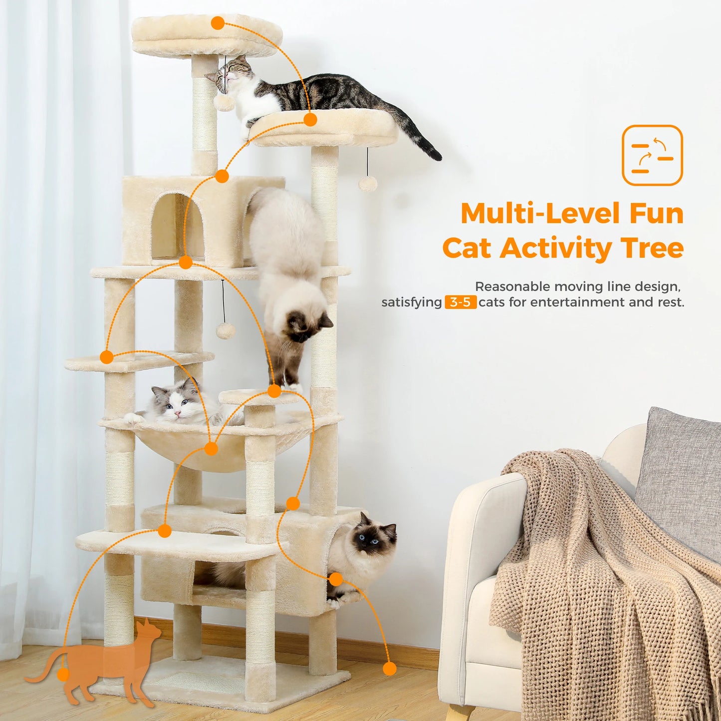 Arbre à chat multi-niveaux avec griffoirs et niches pour 3 à 5 chats, idéal pour jeux et repos