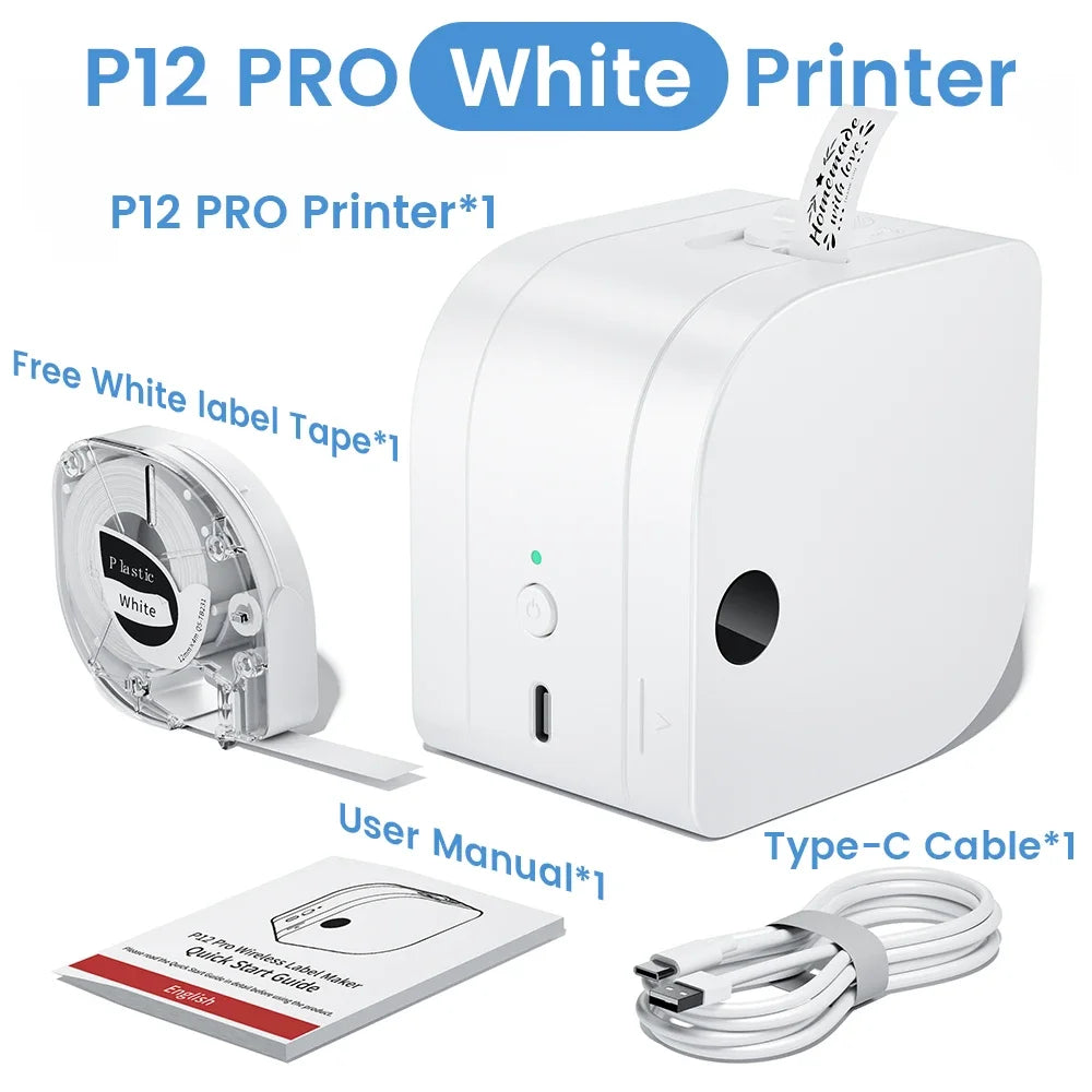 Imprimante étiquettes P12 PRO blanche, ruban blanc inclus, câble USB-C et guide d'utilisation