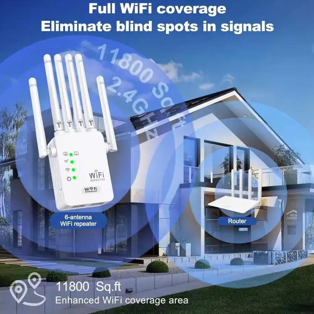 Répéteur WiFi 6 antennes pour couverture complète 11800 pi², élimine les zones mortes, compatible 2.4G