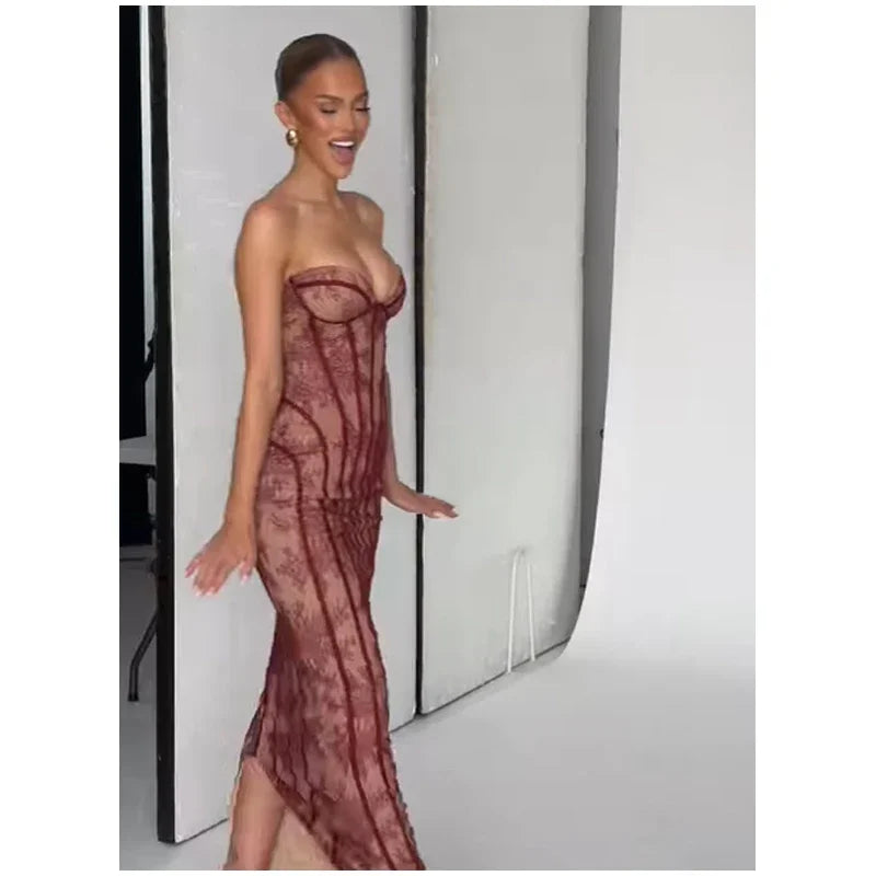 Robe longue chic en gaze sans bretelles, dos nu, épaules dénudées, imprimée, patchwork, slim, pour femme, soirée, 2026