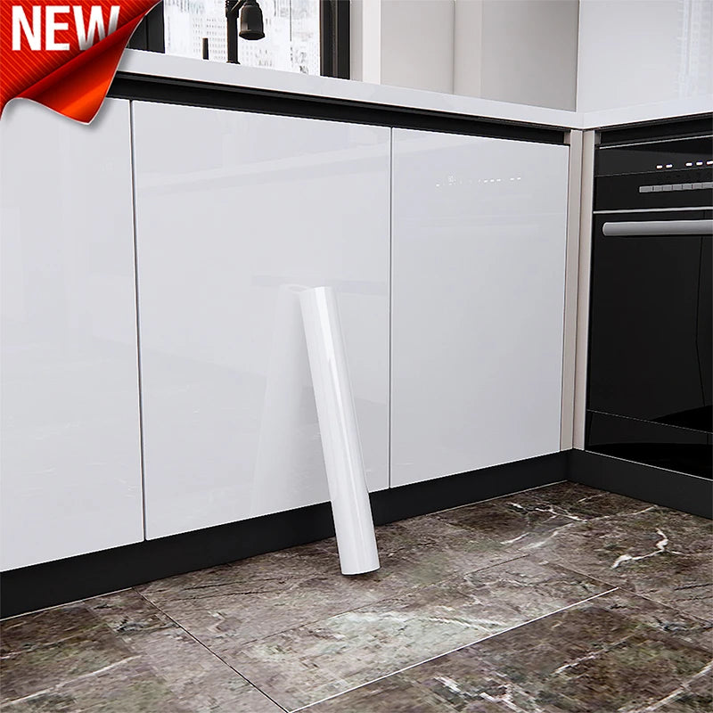 Papier peint auto-adhésif blanc brillant, imperméable, résistant à l'huile, film de rénovation pour meubles en PVC, autocollant pour armoires de cuisine