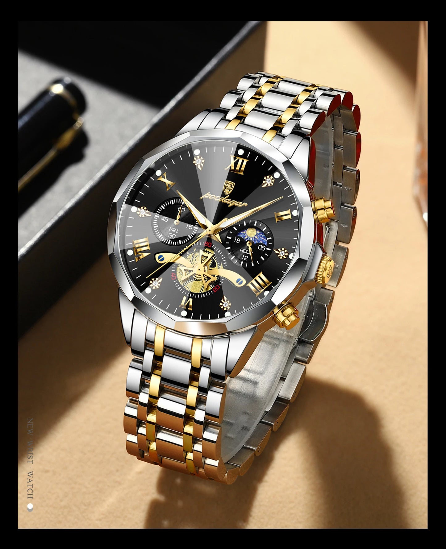 POEDAGAR Montre de luxe pour homme, étanche, chronographe lumineux, montre sport pour homme, acier inoxydable, montre à quartz tendance pour homme, Reloj