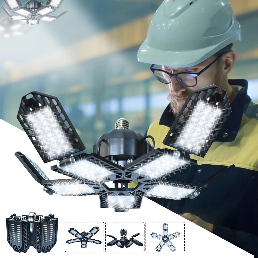 Ampoule LED industrielle pliable, lumière puissante pour atelier, chantier ou garage, design compact et réglable