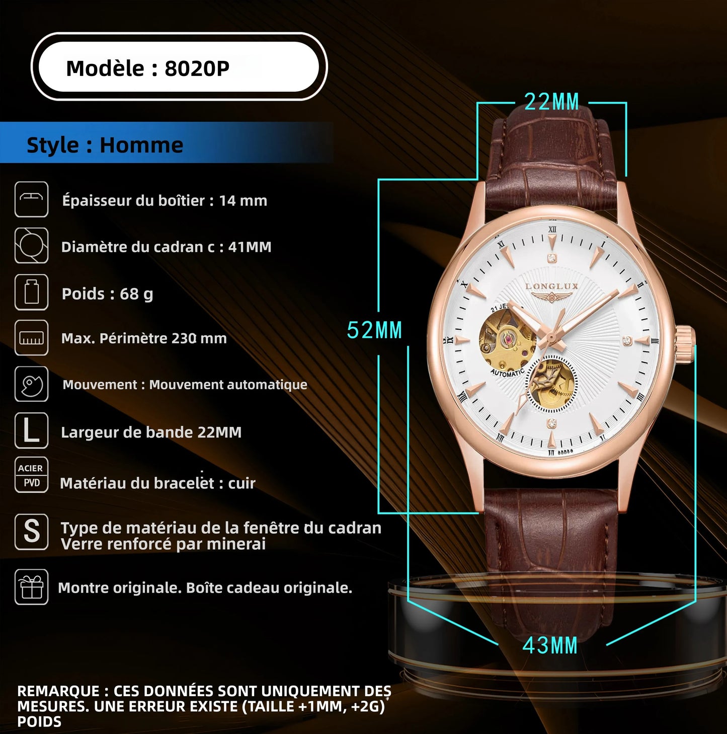 Montre automatique LONGLUX, style élégant, vente en gros, montres mécaniques squelette, cadran romain, étanche, montre homme, cadeau pour homme
