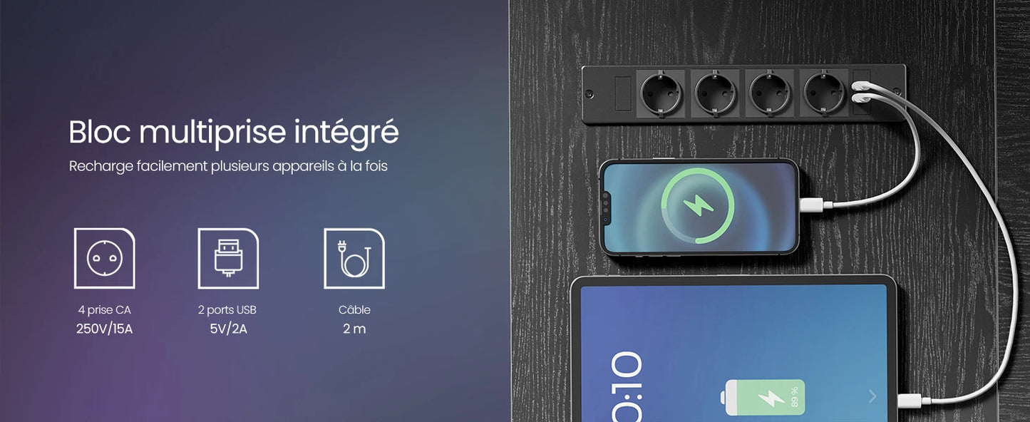 Bloc multiprise intégré avec 4 prises CA et 2 ports USB, recharge simultanée smartphone et tablette sur bois foncé