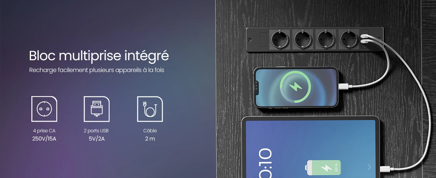 Bloc multiprise intégré avec 4 prises CA et 2 ports USB, recharge simultanée smartphone et tablette sur bois foncé
