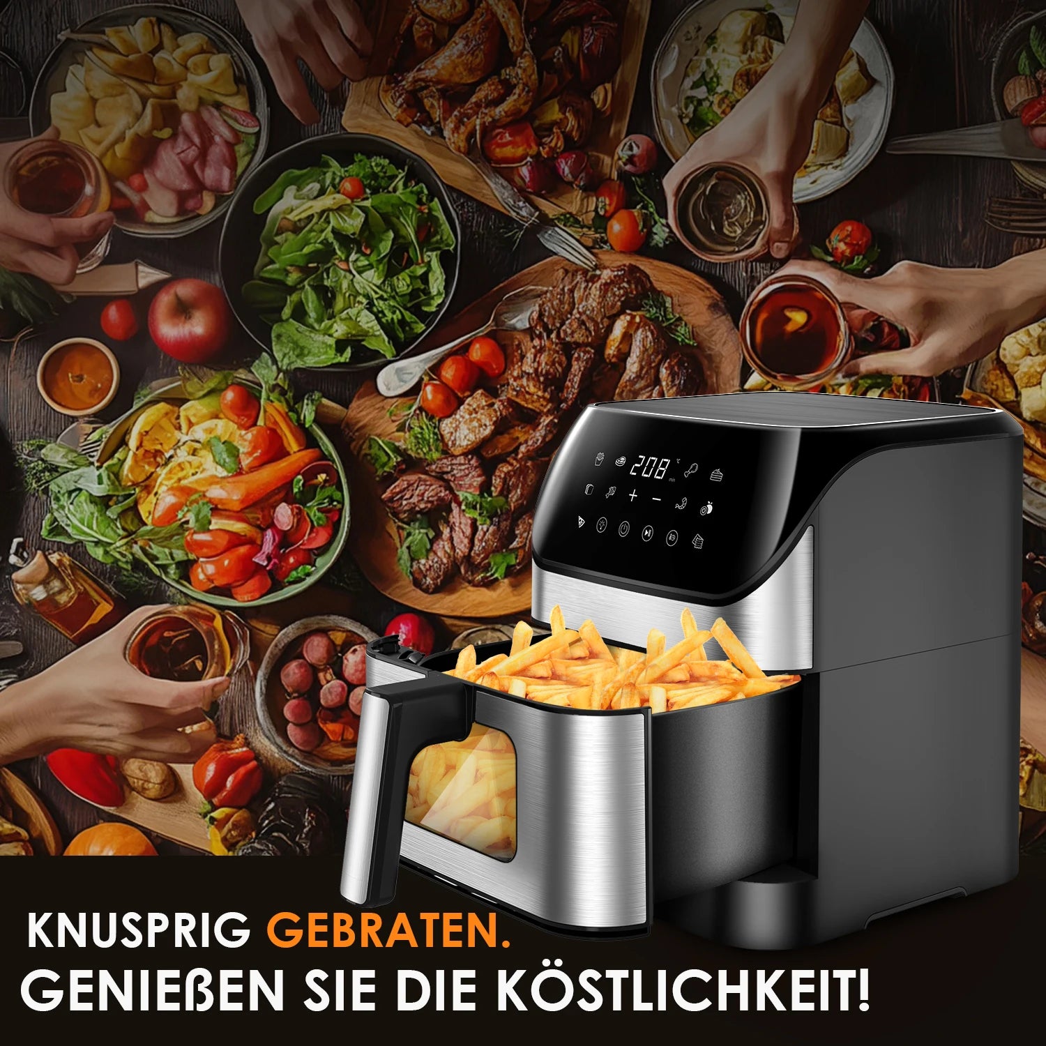 Friteuse à air chaud numérique avec frites croustillantes, idéale pour cuisiner sain et rapide