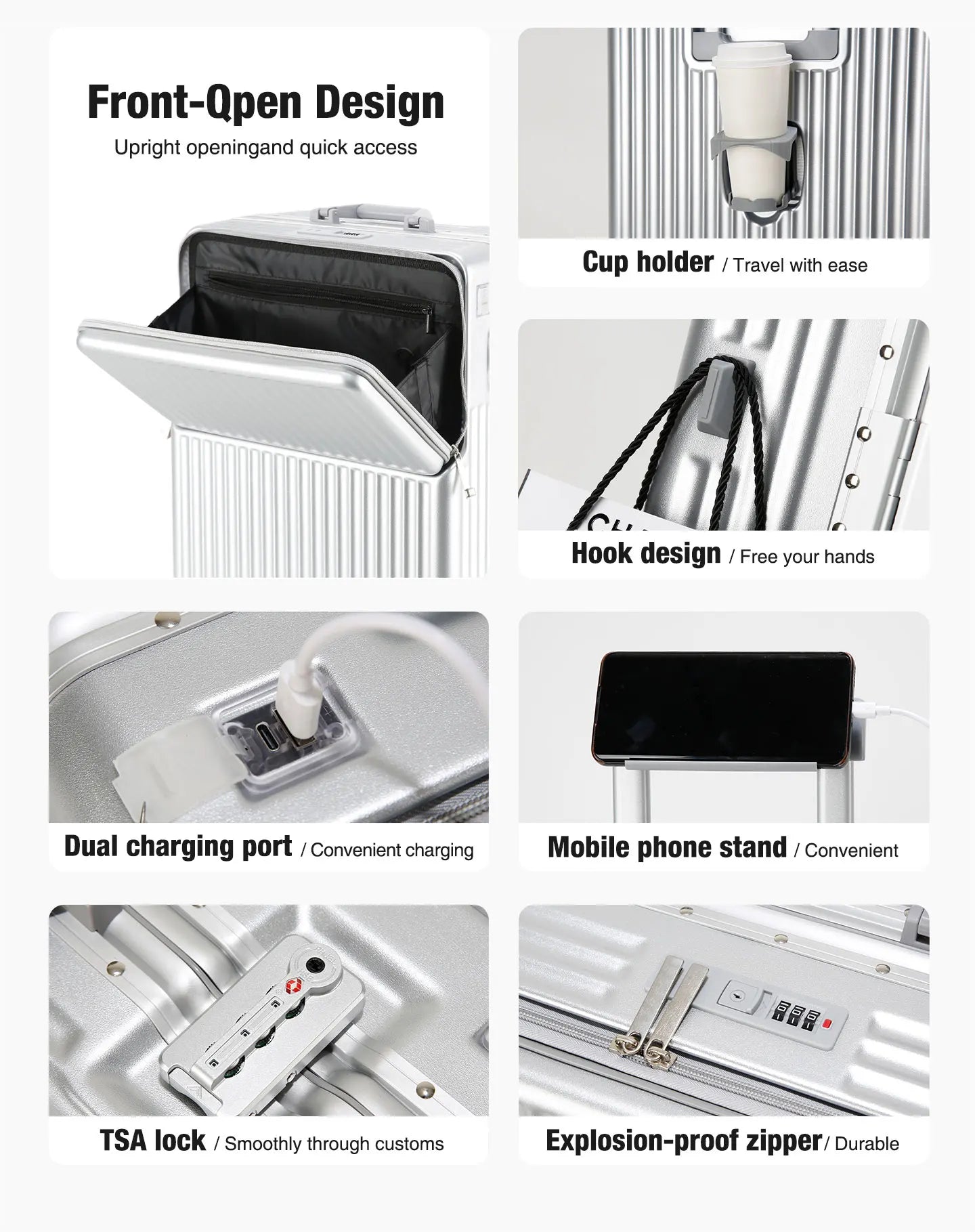 Valise rigide AIWEINY avec cadre en aluminium léger, 360 °   Valise de voyage/sur roulettes silencieuses, avec serrure TSA, avec port USB, 20/24/27 pouces