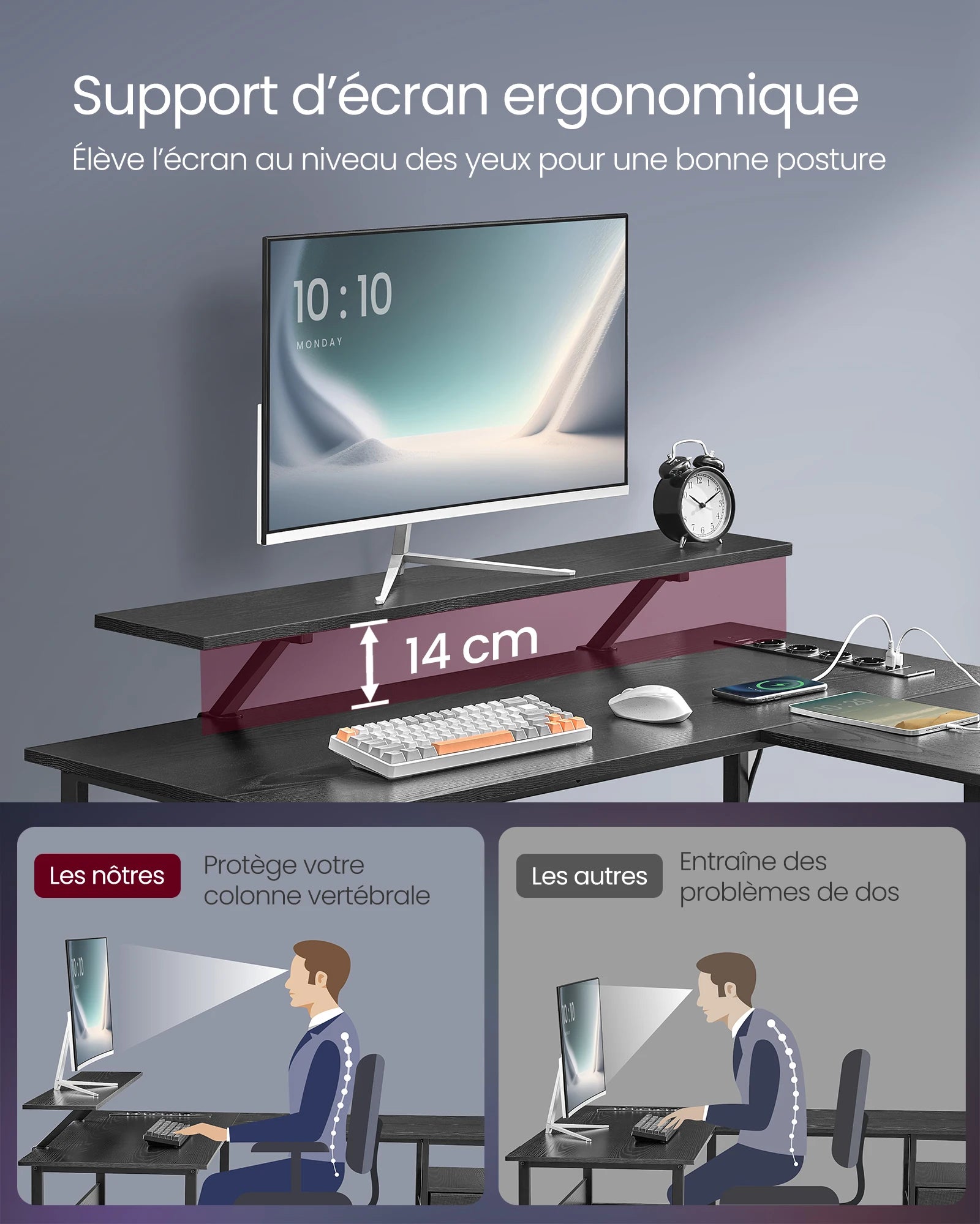 Support d'écran ergonomique 14 cm pour bonne posture, protège colonne vertébrale au bureau