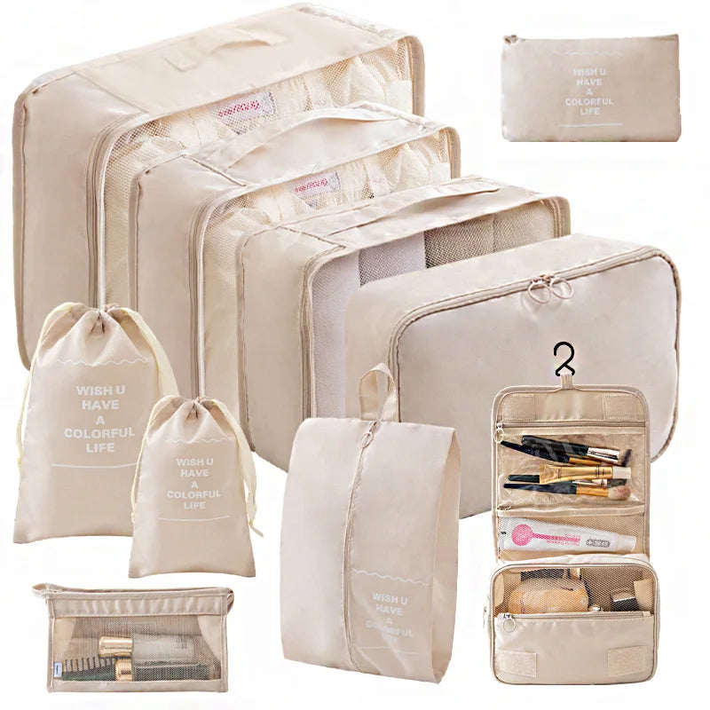 Ensemble de 10/7 pièces, organisateur de voyage, sacs de rangement, valise, Cubes d'emballage, étuis portables, garde-robe, bagages, vêtements, pochette à chaussures pliable