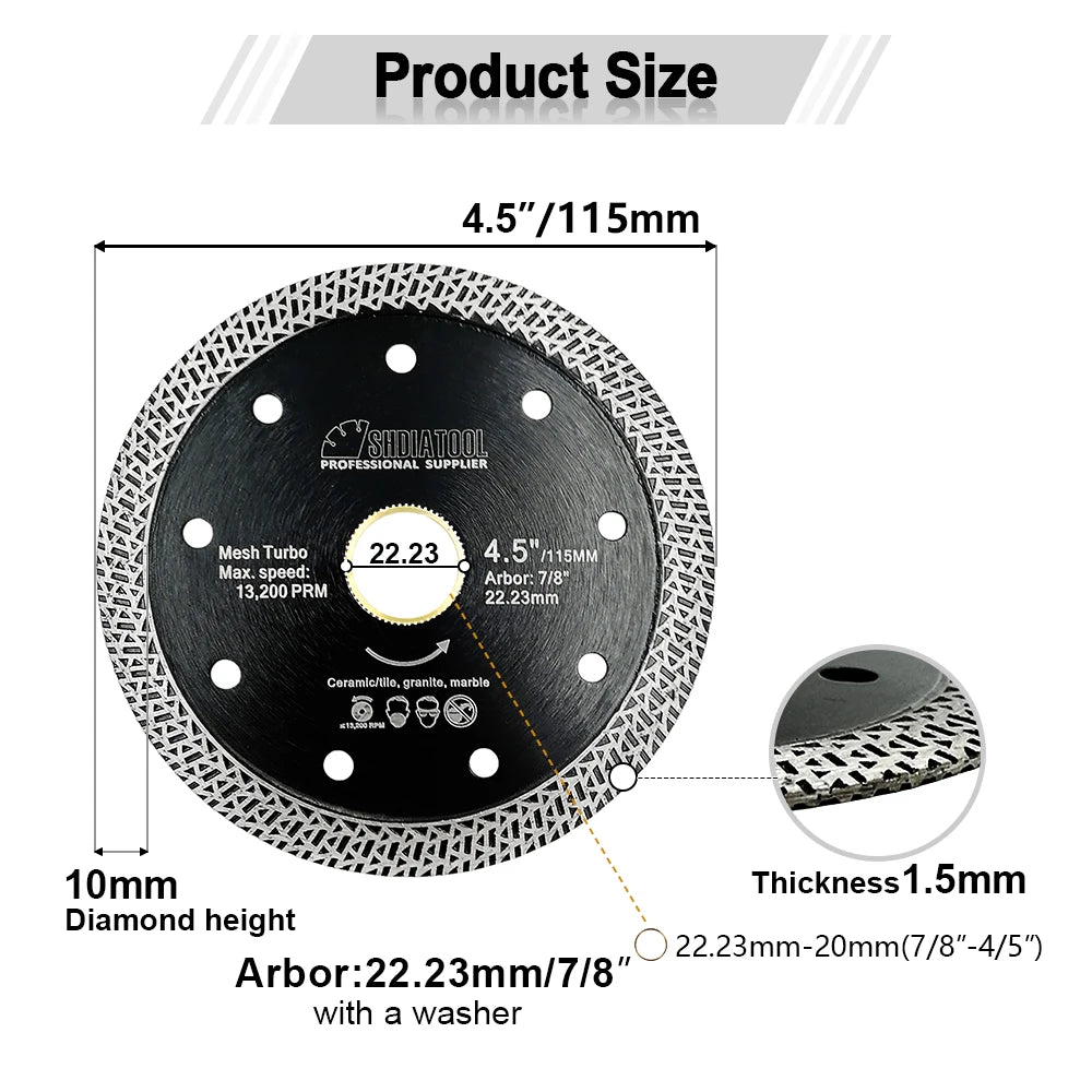 SHDIATOOL 1/2 pièces lame de scie 4/4.5/5/6/7/8/9 pouces maille frittée pressée à chaud Turbo granit marbre carrelage plaque de disque de coupe en céramique