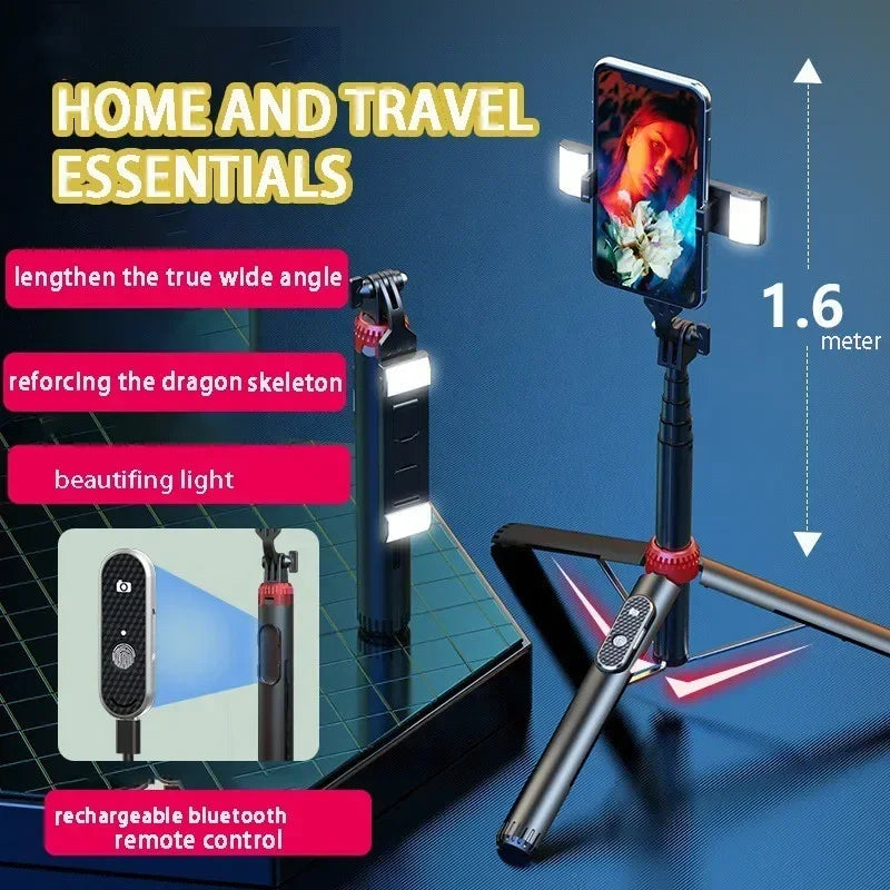 Trépied perche à selfie P160 de 1.6 m, support de téléphone portable rétractable en alliage d'aluminium avec Bluetooth aste pour IOS Android