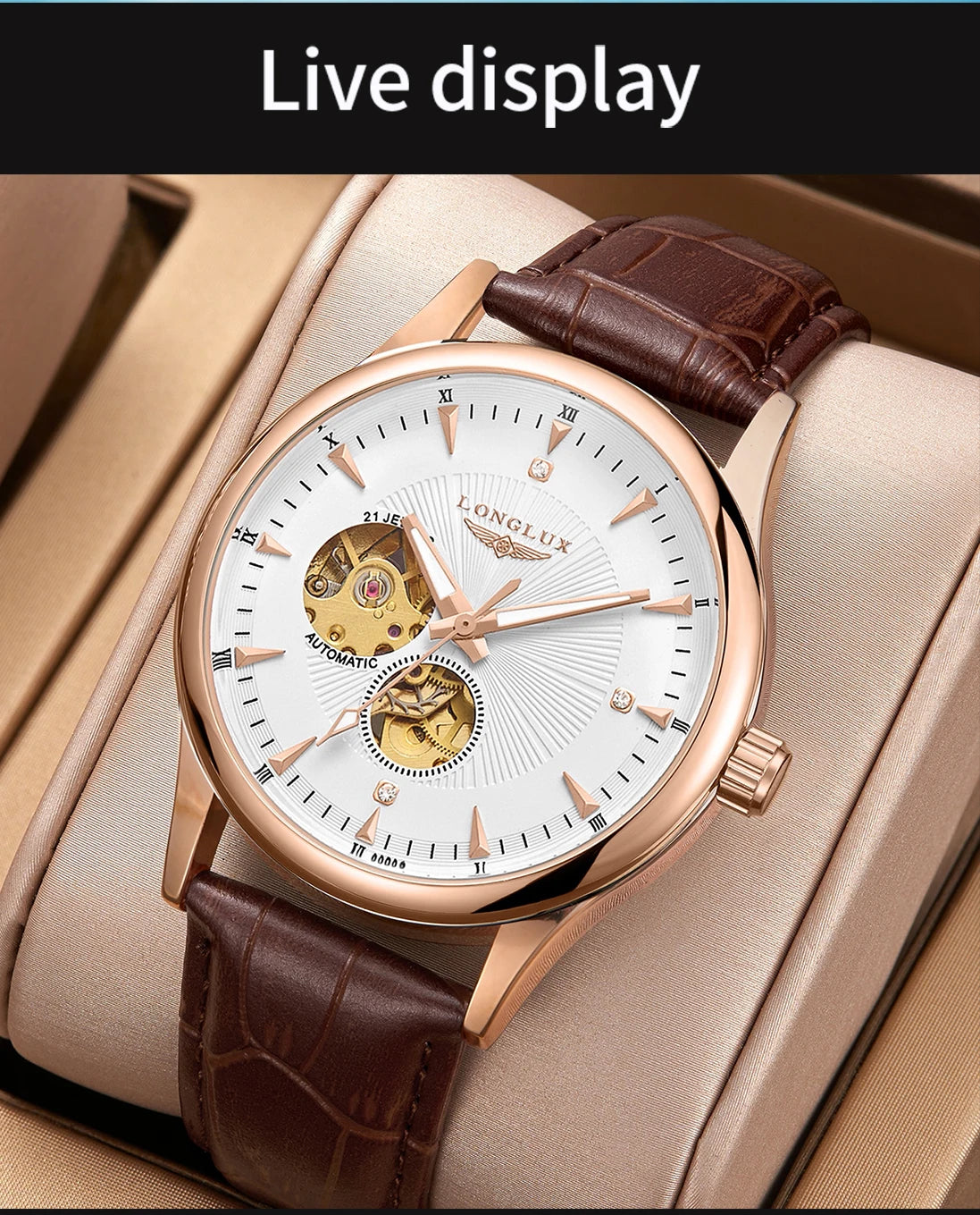 Montre automatique LONGLUX, style élégant, vente en gros, montres mécaniques squelette, cadran romain, étanche, montre homme, cadeau pour homme
