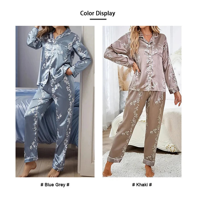Femmes Satin Pyjama décontracté vêtements de nuit maison vêtements costume automne à manches longues boutonné haut et pantalon vêtements de nuit vêtements de détente Pyjama Femme