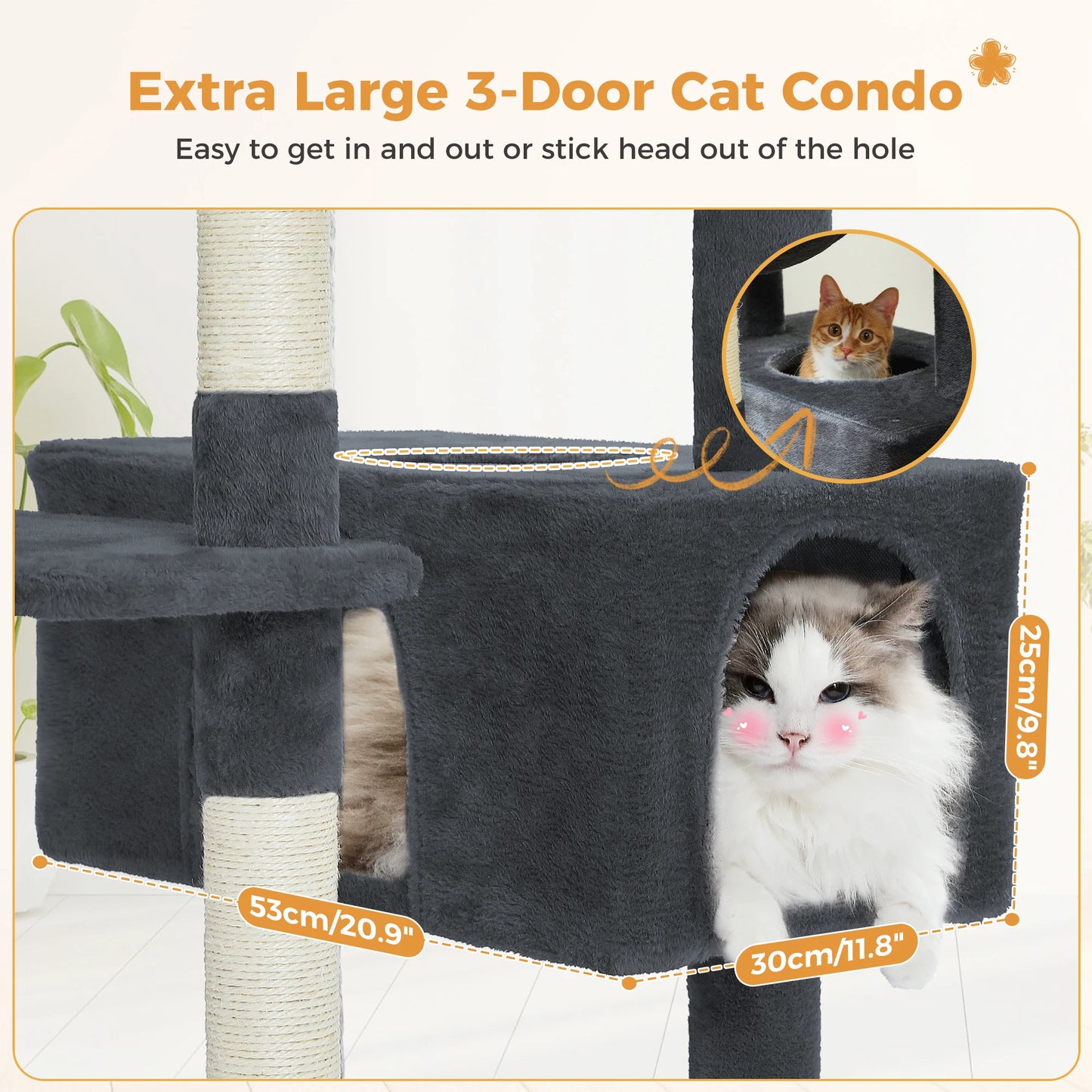 Arbre à chat gris extra large avec 3 portes, griffoir et espace confortable pour chats
