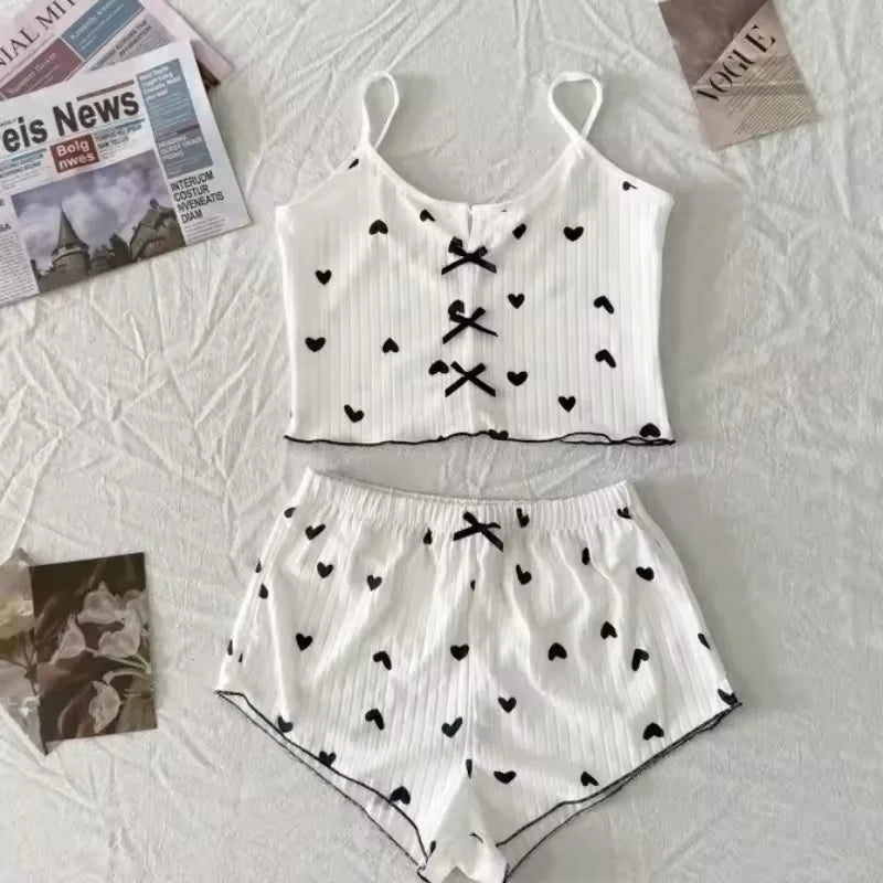 Vêtements de nuit femmes pyjamas ensemble coeur imprimé tissu côtelé doux avec glamour volants garniture décontracté Cami haut et short ensembles vêtements de détente nouveau