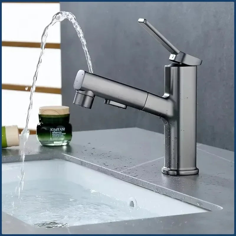 Robinet de lavabo en laiton chaud et froid, pulvérisateur à jet à 3 fonctions, pour salle de bains, poignée unique, double trou, mitigeur d'évier extractible