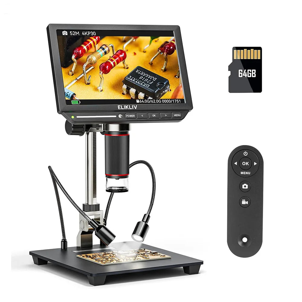 Elikliv EM4K 4K HDMI Microscope numérique pour l'électronique 8 "2000X Microscope à souder pour la réparation d'inspection de PCB avec support 10"