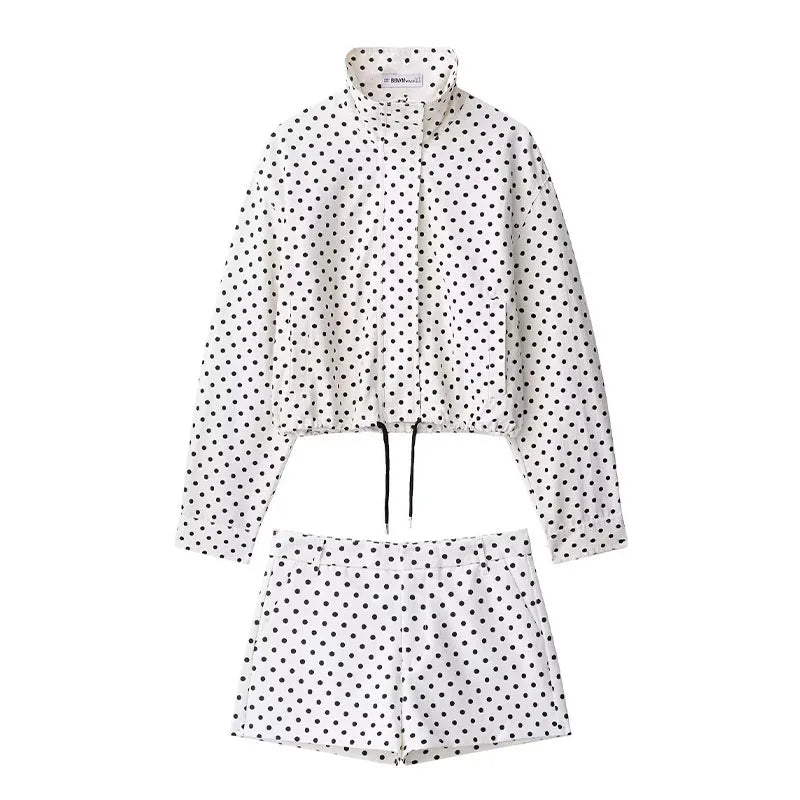 HH mode femmes à pois imprimé manteaux courts automne manches longues col roulé fermeture éclair avec poches cordon veste décontractée