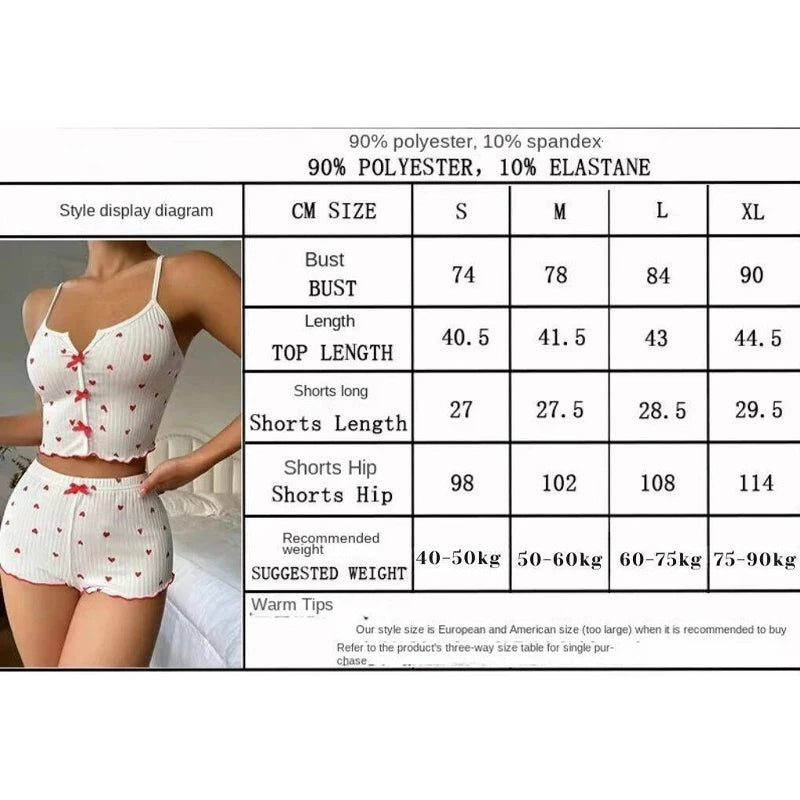 Vêtements de nuit femmes pyjamas ensemble coeur imprimé tissu côtelé doux avec glamour volants garniture décontracté Cami haut et short ensembles vêtements de détente nouveau