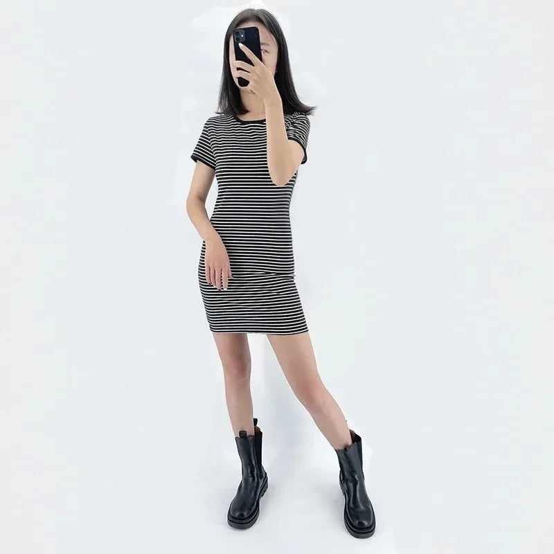 Robe d'été à manches courtes, col rond, à rayures noires et blanches, décontractée, élégante, fourreau, Slim, Stock
