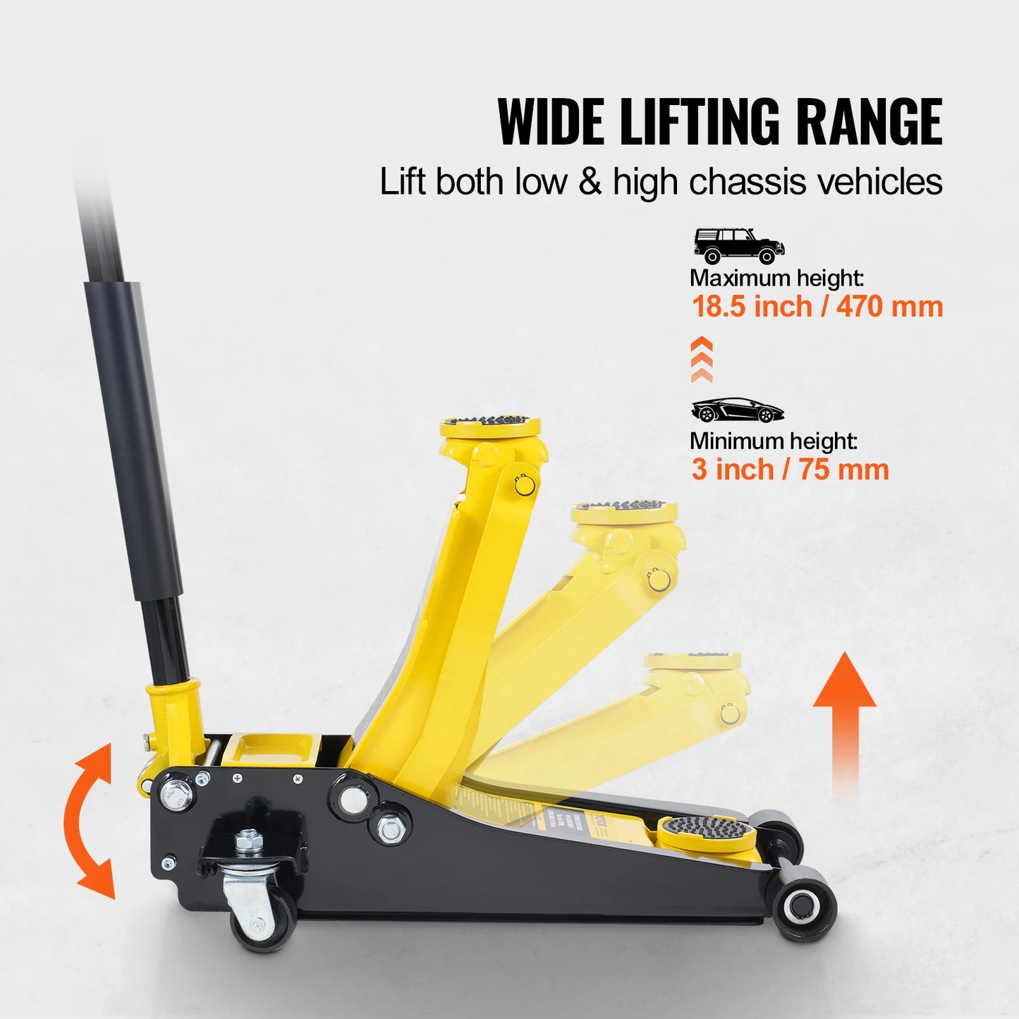 Jack hydraulique jaune et noir pour véhicules, levage large 75 à 470 mm, idéal pour châssis bas ou haut