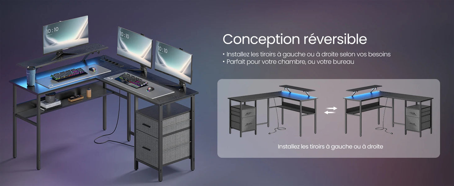 Bureau gaming réversible avec éclairage LED, tiroirs amovibles, idéal pour chambre ou bureau
