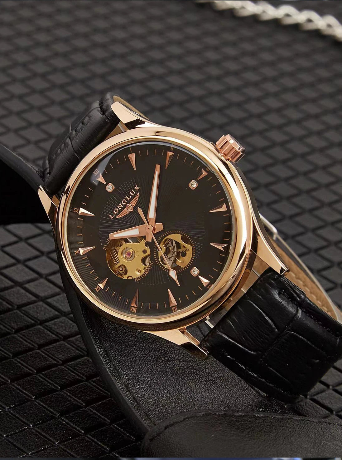 Montre automatique LONGLUX, style élégant, vente en gros, montres mécaniques squelette, cadran romain, étanche, montre homme, cadeau pour homme