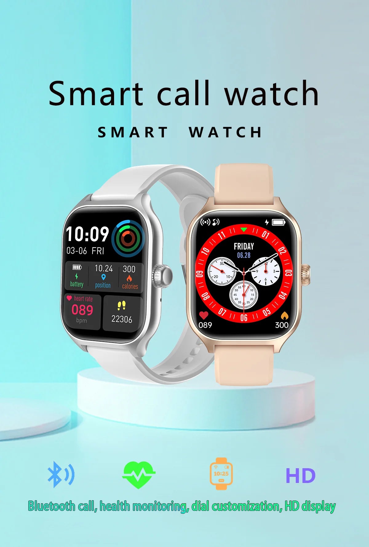 Montre connectée HOMEFISH C20, écran HD de 1.77 pouces, appel Bluetooth, alerte de message, mode sport, montre connectée pour hommes et femmes