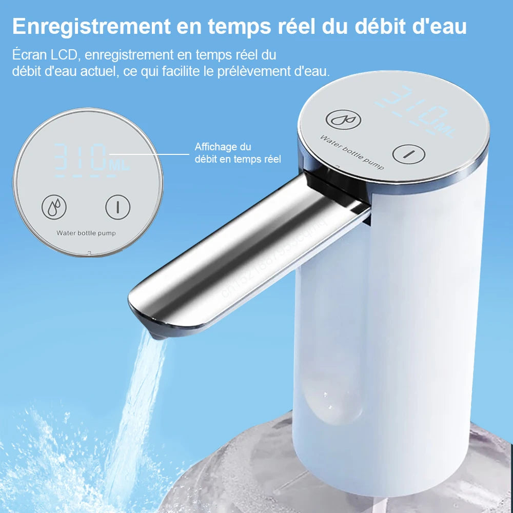 Pompe à eau intelligente avec écran LCD affichant le débit en temps réel, idéale pour bouteilles d'eau