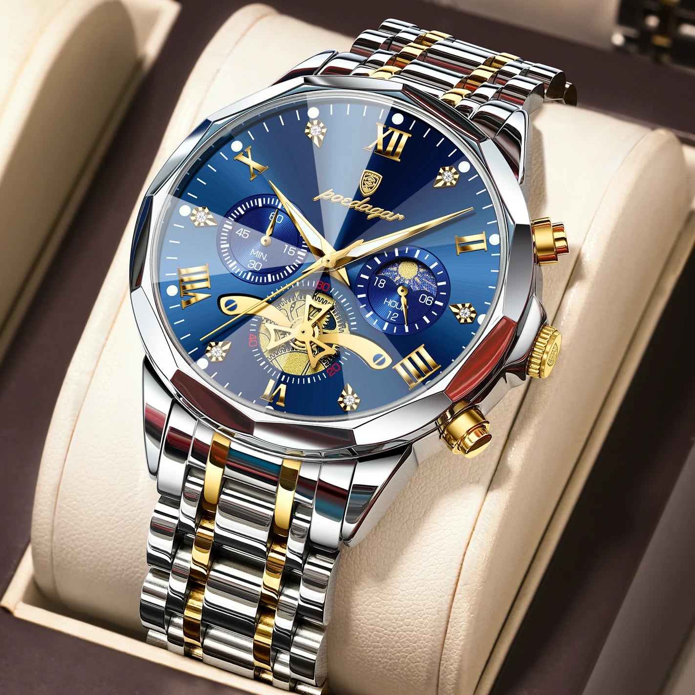 POEDAGAR Montre de luxe pour homme, étanche, chronographe lumineux, montre sport pour homme, acier inoxydable, montre à quartz tendance pour homme, Reloj